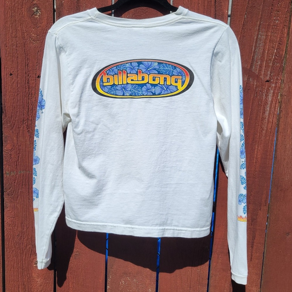 Y2K VTG Billabong Long Sleeve Graphic Tee Hibiscus Floral Logo S 90s Made in USA - Picture 2 of 8